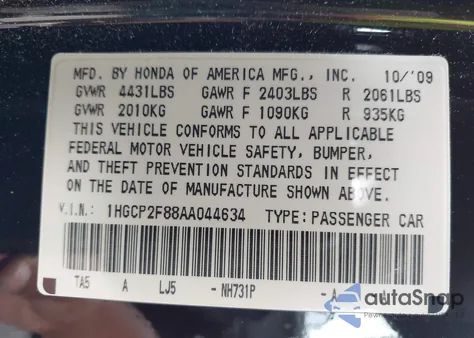 2010 Honda Accord 2.4 Ex-L z USA, uszkodzony, nr VIN 1HGCP2F88AA044634